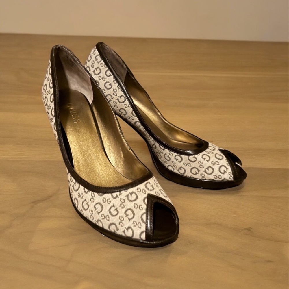 Guess Brown and Tan Logo Peep Toe Heels - Size 9